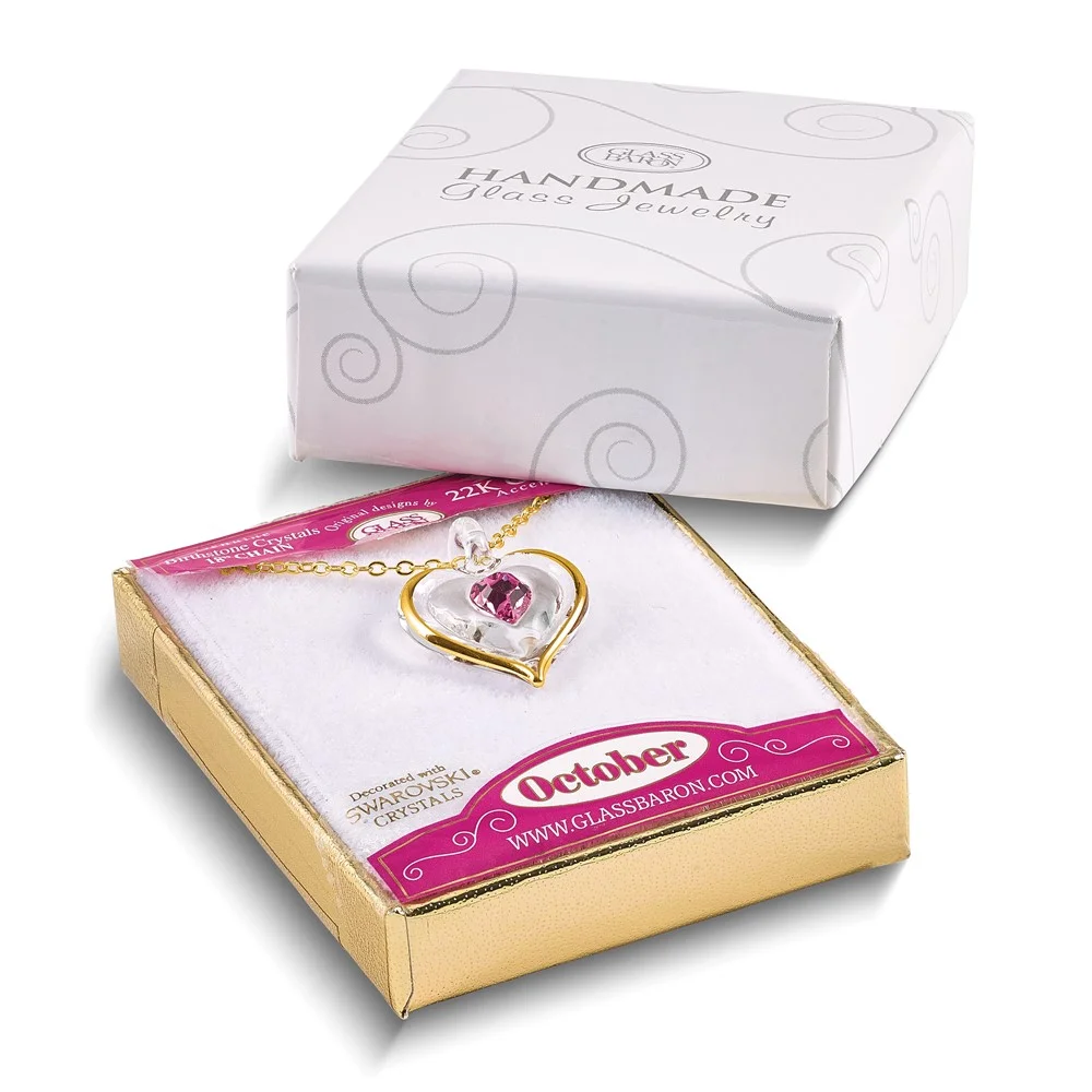 Glass Baron 22K Accent Gilding Gold-trim Glass with Pink October Birthstone Crystal from Swarovski Heart 18 inch Gold-tone Necklace GM9409