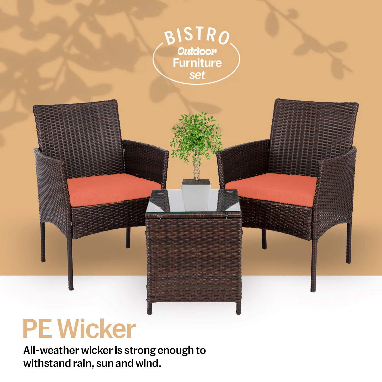 Sunnier 3 Piece Rattan Quality Outdoor Furniture Set – 2 Durable & Easy Moveable Chairs With a Solid Tea Table - Orange