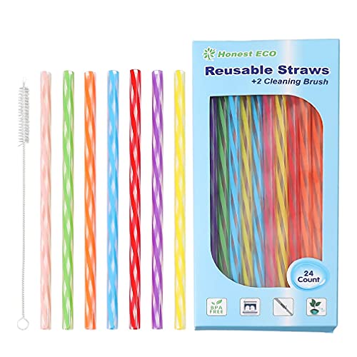 Reusable Stirrer Straws, Straw Cleaner Brush, Short Assorted color Plastic Straws fit for Milk & Juice & Coffee & Smoothies & Cocktail & Kids Straws Kit (24Count-7.5in)