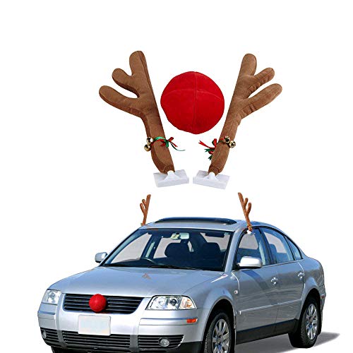 Christmas Car Reindeer Antlers and Nose Decorations Kit Vehicle Costume Plush Rudolf Red Nose Deer Antlers Auto Accessories