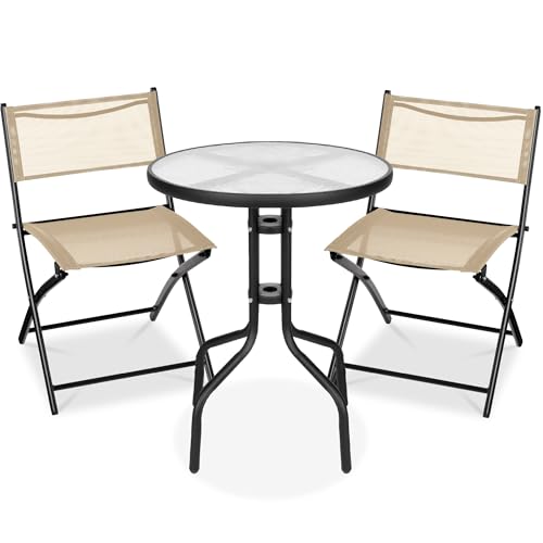 Best Choice Products 3-Piece Patio Bistro Dining Furniture Set w/Glass Tabletop, 2 Folding Chairs, Steel Frame, Polyester Fabric - Gray