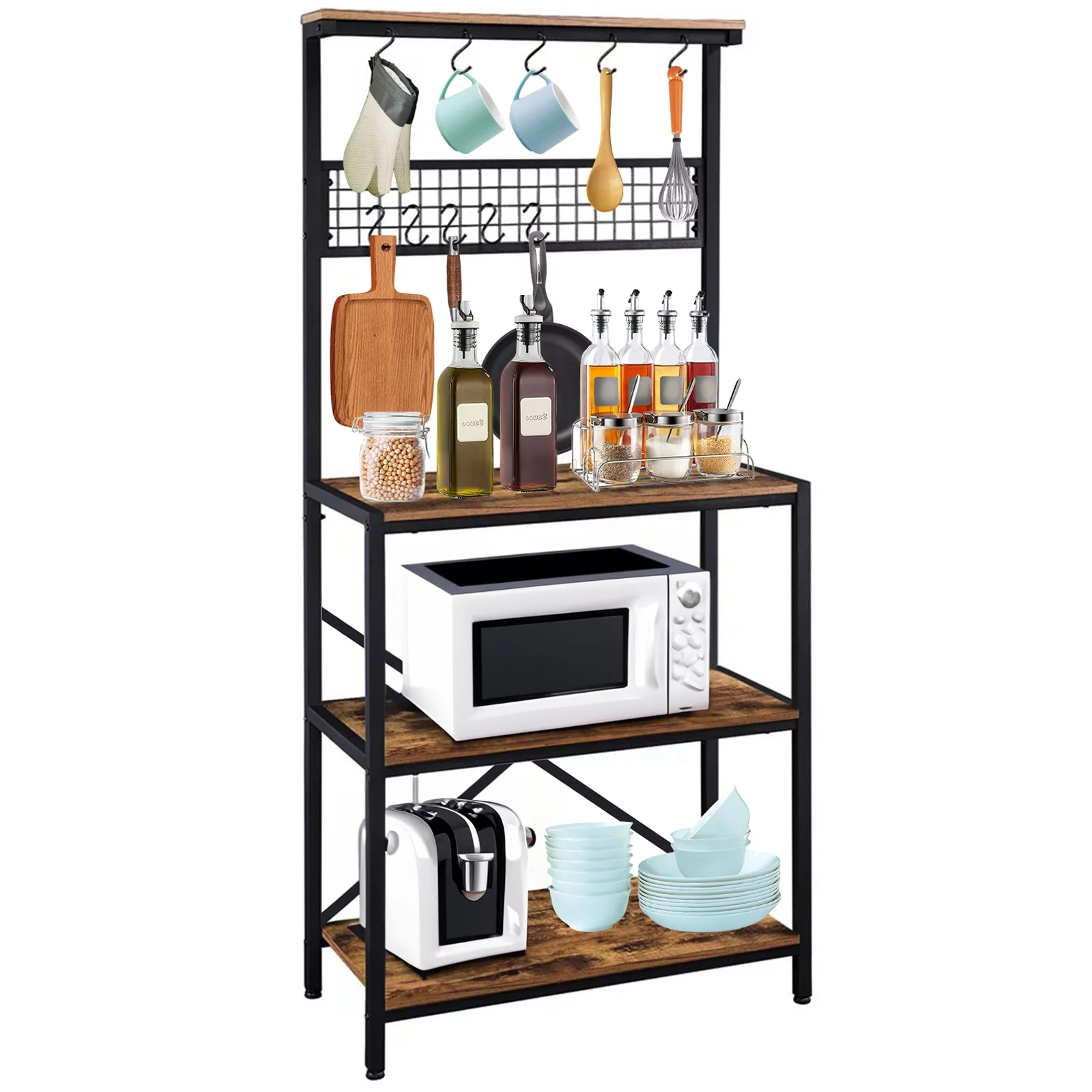 Vebreda Baker's Rack, Industrial Kitchen Island with Hooks Microwave Stand Adult