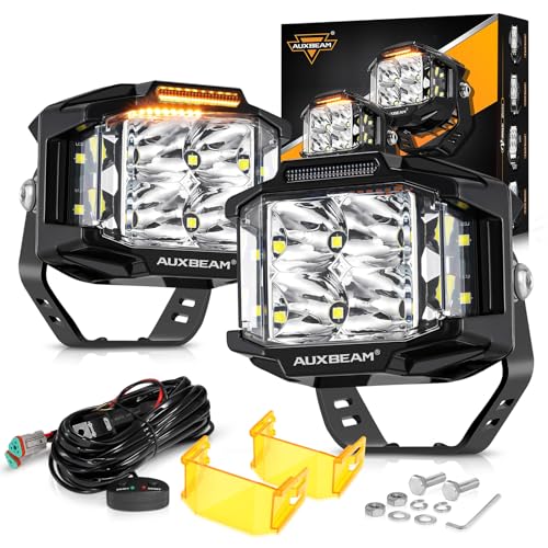 Auxbeam V-MAX Series 72W LED Pod Driving Lights, 4x2.5 Inch Rectangle Side Shooter Offroad Cube Spotlights with Amber DRL, 270° Combo Beam 6 Modes White/Amber/Yellow Auxiliary Lights with Covers