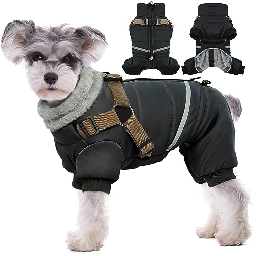 BRKURLEG Black Dog Coat with Harness, Dog Winter Jacket, Dogs Onesie Body Warm Jackets, Small Dogs Winter Coats Reflective Windproof Warm Cold Weather Coats, Pet Waterproof Jacket Hiking XL
