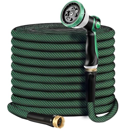 Non-Expandable Garden Hose 100feet, Flexible Water Hose with 10 Function Hose Nozzle, Lightweight, Tangle Free, Rust Proof for Yard (Black)