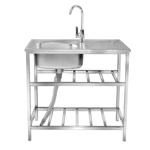 Outdoor Utility Sink,Free Standing Stainless Steel Laundry Tub, Single Bowl Portable Washing Hand Basin Station,with Cleaning Table&Storage Shelves for Garage, Restaurant, Kitchen,Camping, Backyard(Do
