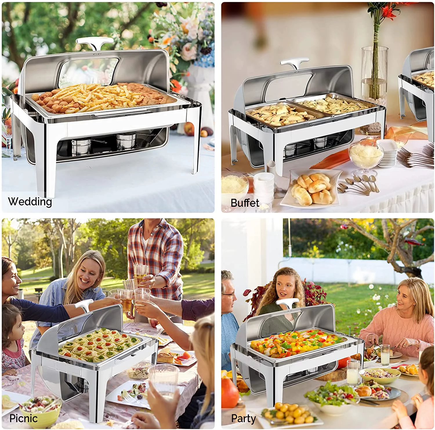 ROVSUN 9 QT 3 Packs Stainless Steel Chafing dish Buffet Set with Electric & Fuel Heating,Roll Top Catering Chafer Server with Full Size & 2 Detachable Food Pans, Glass Lid for Party Wedding Banquet