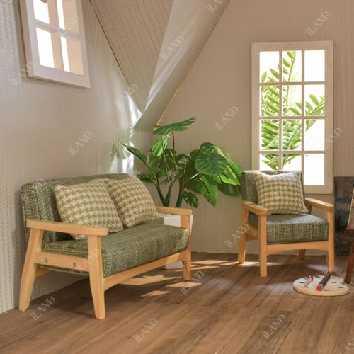 iland Dollhouse Couch and Miniature Sofa Set with Mini Houndstooth Cushions, Dollhouse Furniture on 1/12 Scale for Dollhouse Living Room (Grey Green)