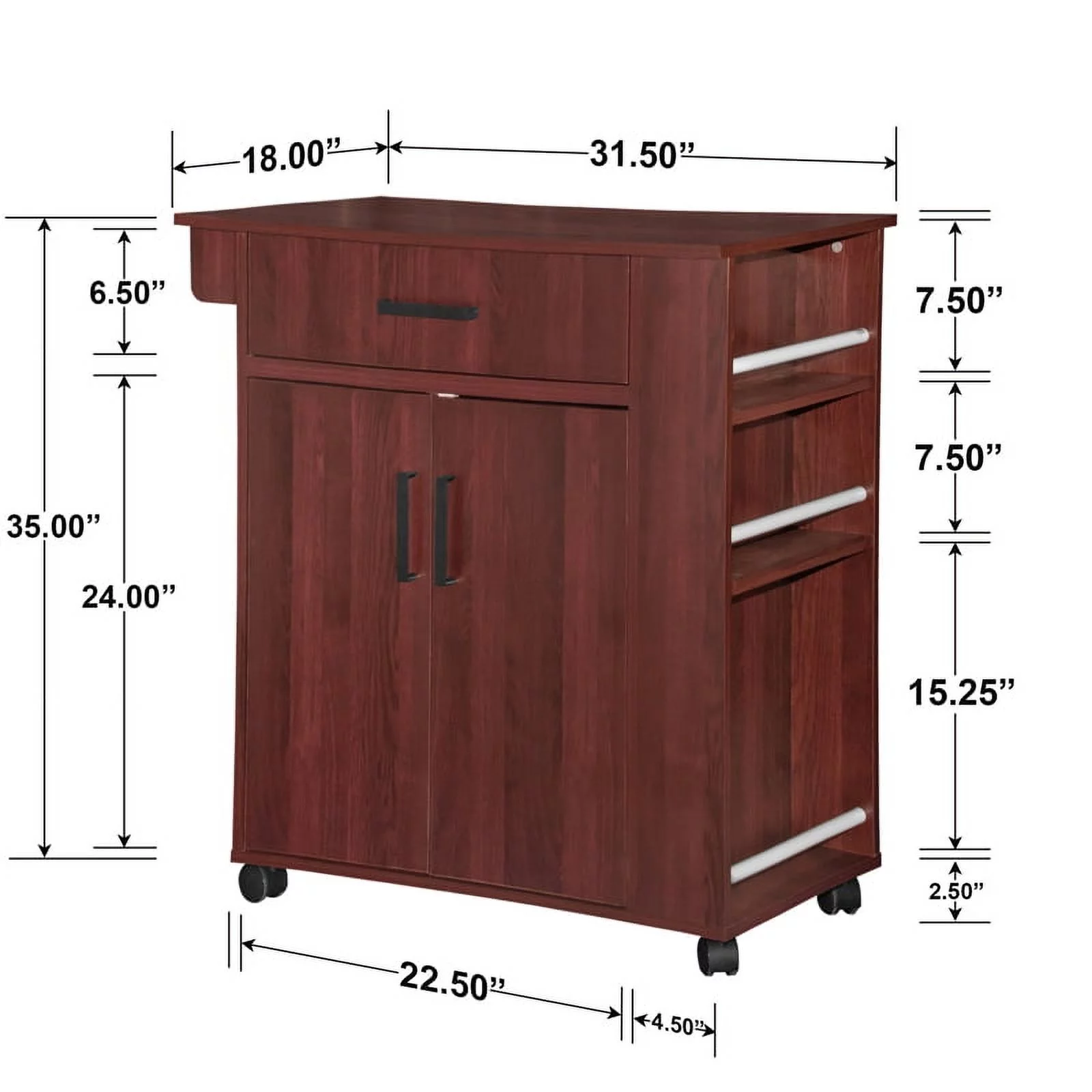 Better Home Products Shelby Rolling Kitchen Cart with Storage Cabinet - Mahogany