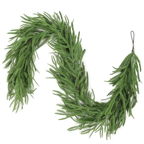 Christmas Garland, 9FT Artificial Norfolk Pine Garland, Real Touch Pine Garland, 96 Branches Christmas Garland for Mantle, Staircase, Banister, Indoor, Outdoor Christmas Decorations