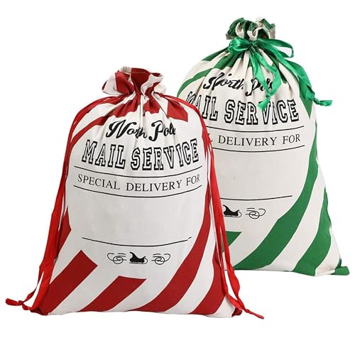 XinblueCo Santa Sack 2 Pack Christmas Stripe Canvas Santa Bag with Drawstring Xmas Personalied Gift Bag Extra Large Christmas Sacks Size 21.5