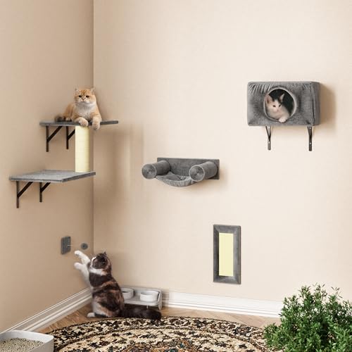 NUNU LAB 5-in-1 Wall-Mounted Cat Climber Set, Cats Wall Shelve, Wall-Mounted Cat Climbing Shelves, with House, Bridge, Steps, Scratcher, Hammock, Shelves (A-KM060)