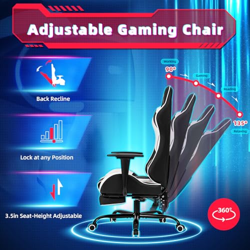 ECOTOUGE PC Massage Gaming Chair with Footrest Ergonomic Office Desk Chair Racing PU Leather Recliner Swivel Rocker with Headrest and Lumbar Pillow, Blue