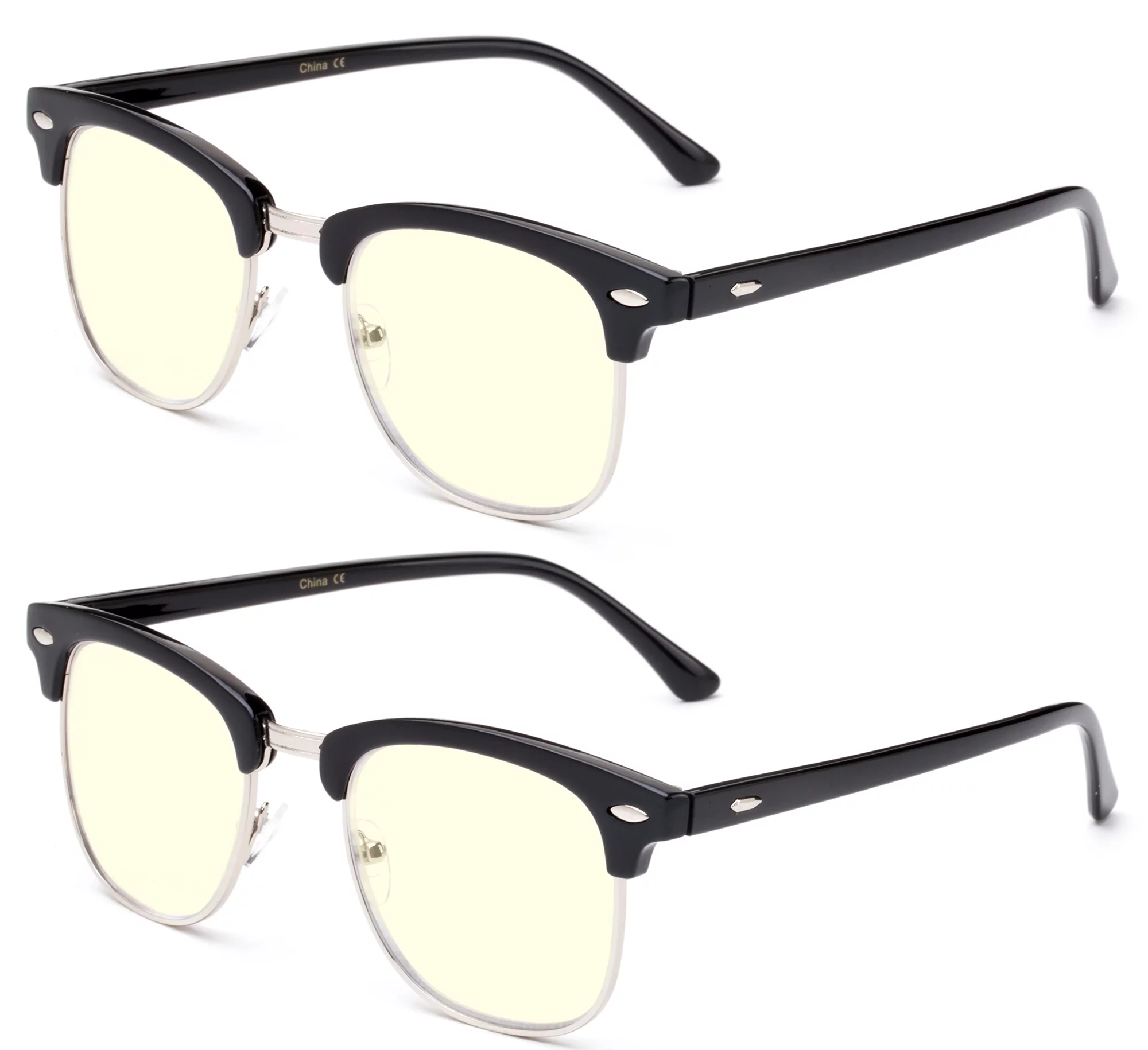 2 Pack Newbee Fashion - Blue Light Blocking Glasses, Computer Glasses Reduce Eyestrain, Vintage Oval Retro Classic Half Frame High Fashion Clear Lens Glasses for Men, Women, Black Frame Silver Rim