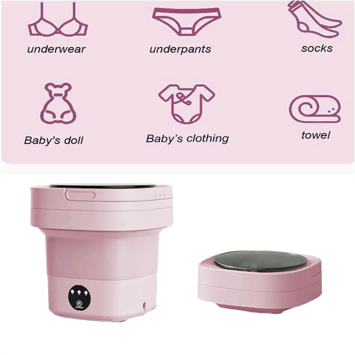 Portable Washing Machine, Foldable Mini Washer with Drain Basket, 3 Modes Deep Cleaning - 6.5L High Capacity for Lingerie, Personal, Baby, Delicates Cleaning(Pink)