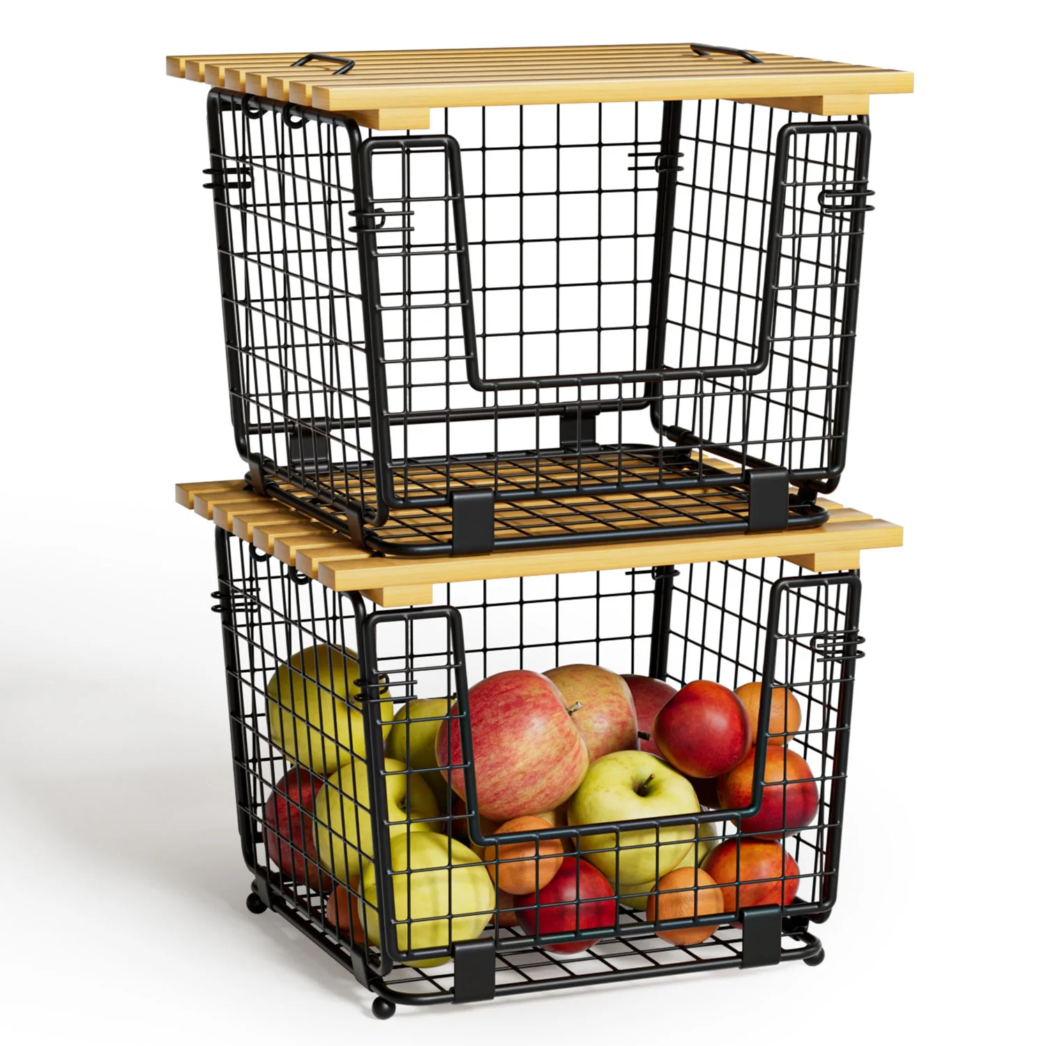 TINANA Stackable Fruit Baskets with Bamboo Top: 2 Pack Pantry Organizer for Kitchen Counter, Storage Wire Organizing Basket for Fruit, Vegetable, Bread- Black