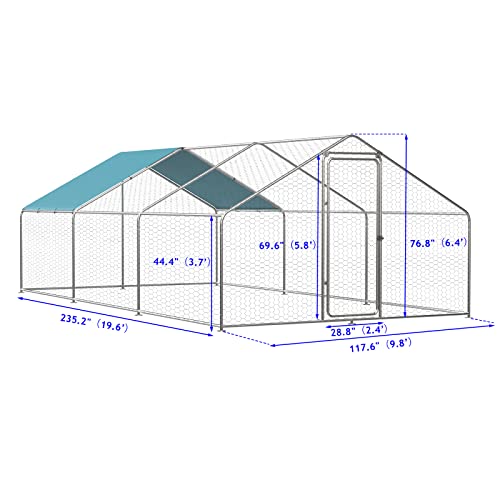 ROOMTEC 1.25'' Large Metal Chicken Coop for 20 Chickens,Chicken Runs for Yard with Cover Walk-in Poultry Cage Lockable Door Design(9.8'Lx19.6'Wx6.4'H)