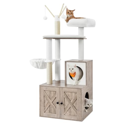 Feandrea Cat Tree with Litter Box Enclosure, 2-in-1 Modern Cat Tower, 55.1-Inch Cat Condo with Scratching Posts, Removable Pompom Sticks, Rustic Brown UPCT113X01