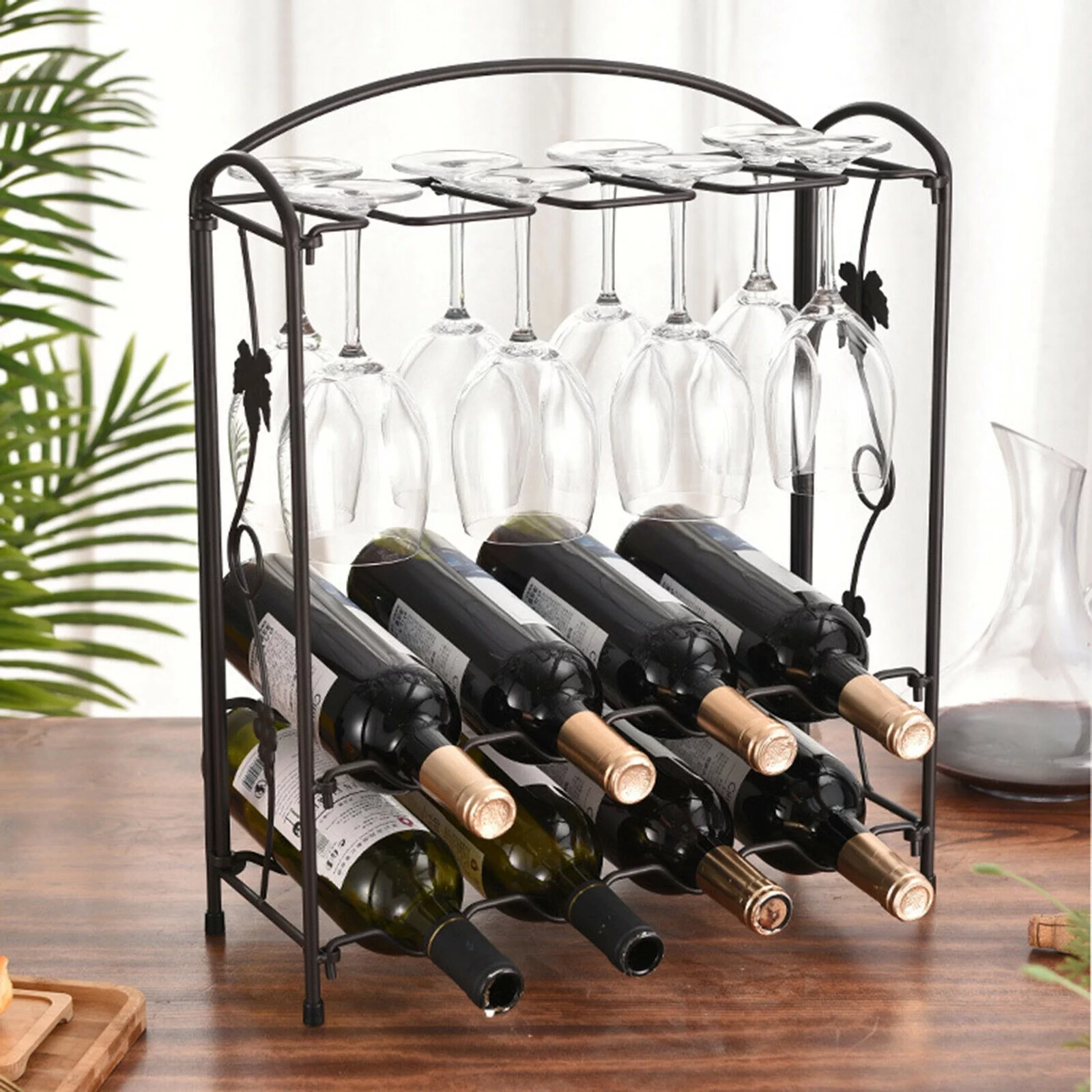 Wine Rack with Glass Holder, European Style Wine Racks Countertop, Metal Wine Glass Holder for 8 Bottles and 8 Wine Glasses Storage
