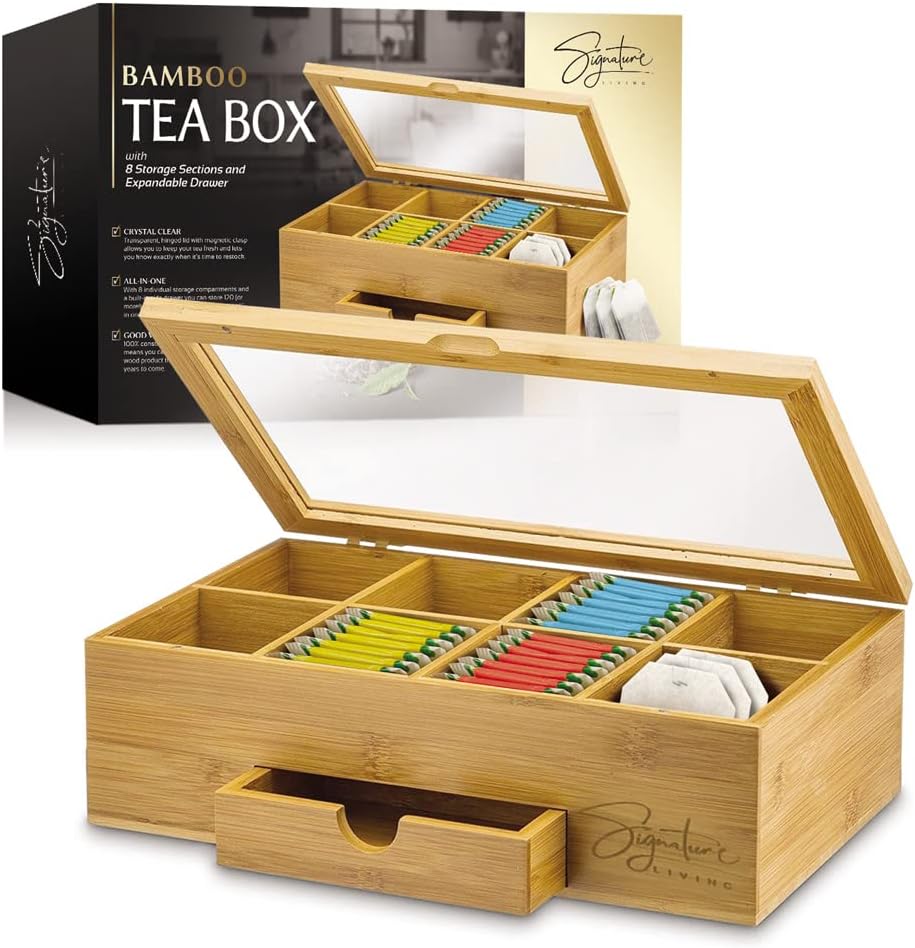 Signature Living Bamboo Wooden Tea Box Organizer Storage with Drawer (8 Compartments) Large Tea Organizer Box for Tea Bags and Loose Tea - Sturdy, Natural Bamboo