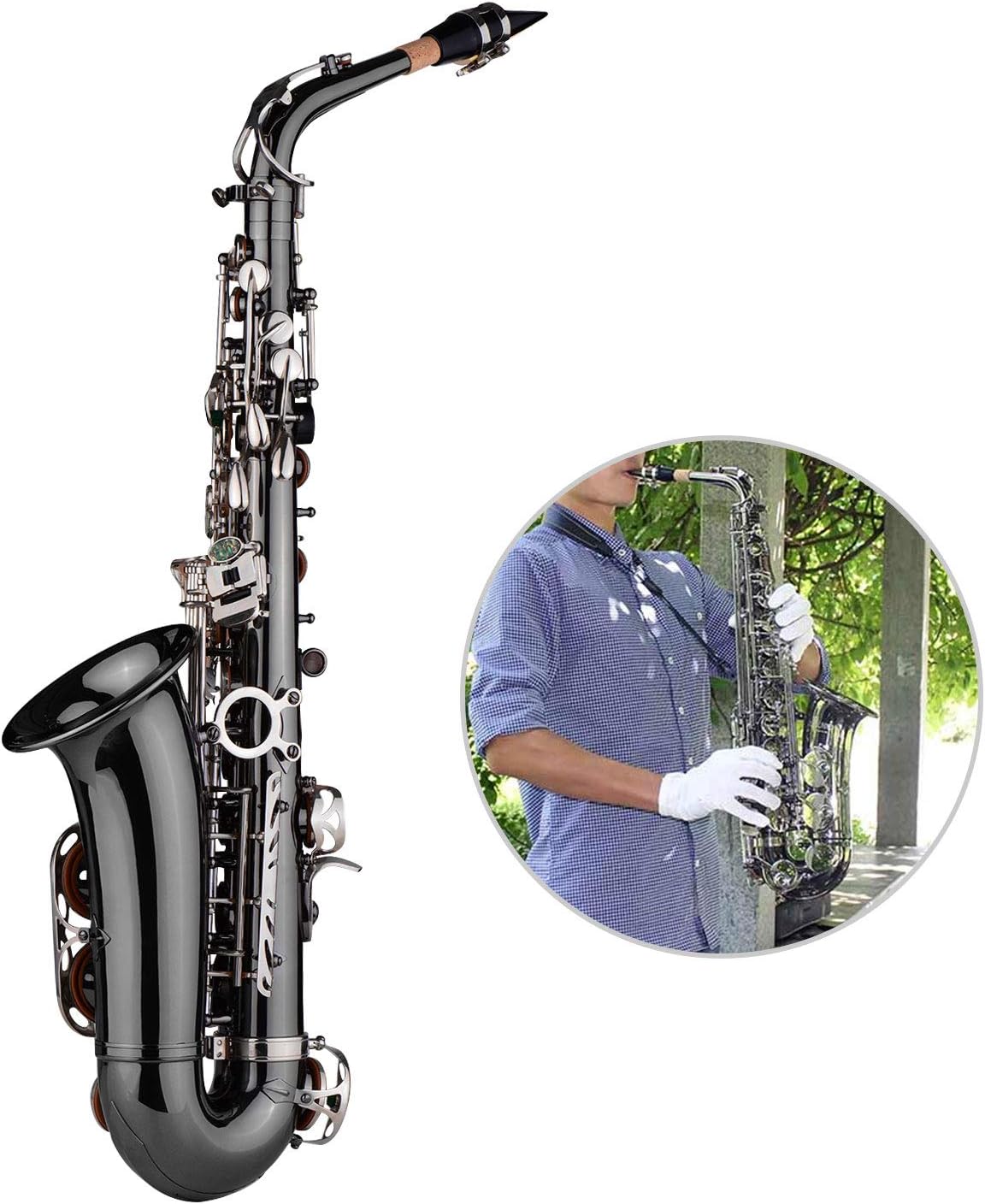 Btuty Eb E-flat Alto Saxophone Professional Brass Bend Sax Black Nickel Plating Abalone Shell Keys with Carrying Case Gloves Cleaning Cloth Straps Grease Brush