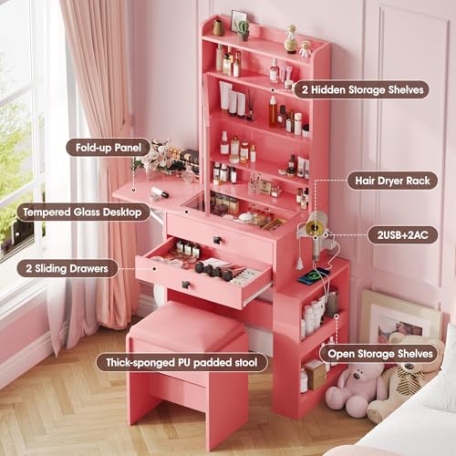 Vabches Small Makeup Vanity Desk with 3 Adjustable Lighted Mirror, White Vanity Set with Fold-up Panel and Charging Station, Glass Top Dressing Table with Drawers and Chair, 2 Hidden Storage Shelves
