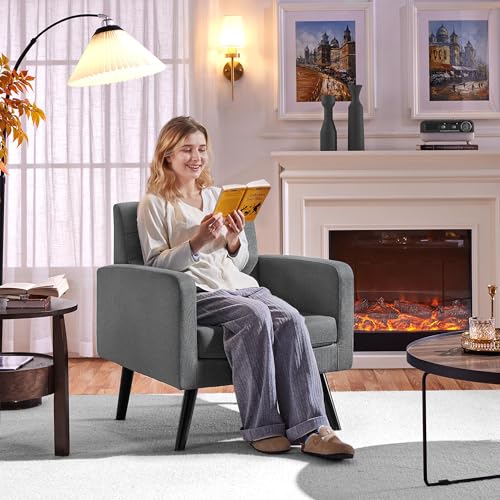 Yaheetech Mid-Century Accent Chairs, PU Leather Modern Upholstered Living Room Chair, Cozy Armchair Button Tufted Back and Wood Legs for Bedroom/Office/Cafe Beige