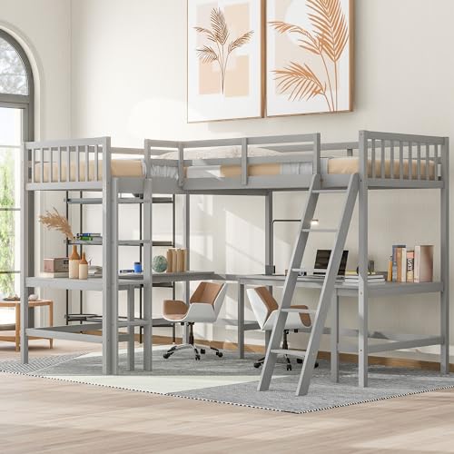 CITYLIGHT L-Shaped Loft Bed with 2 Built-in L-Shaped Desks,Wood Twin Size Loft Bed with Desk Underneath for Kids,Double Loft Beds with Guardrails and Ladders for Boys Girls Teens,Grey