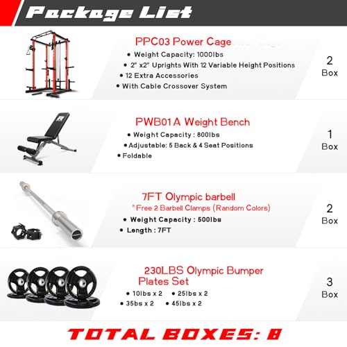 RitFit Multi-Function Squat Rack Power Cage PPC03 with Cable Crossover System, 1000LBS Capacity Power Rack and Packages with Optional Weight Bench, Barbell Weight Set, for Garage Workout & Home Gym