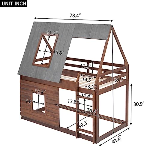 Twin Over Twin Bunk Bed House Shaped with Roof and 2 Windows, Wood Frame Floor BunkBed for Kids Boys Girls, Oak & Smoky Grey