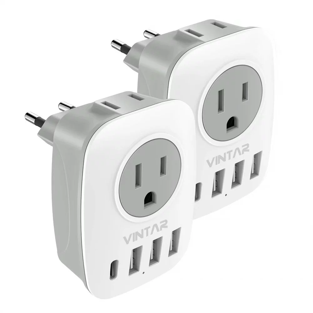 VINTAR European Travel Plug Adapter,International Power Adaptor with 1 USB C, 2 American Outlets and 3 USB Ports, 6 in 1 Travel Essentials to Most of Europe Greece, Italy(2Pack，Type C)