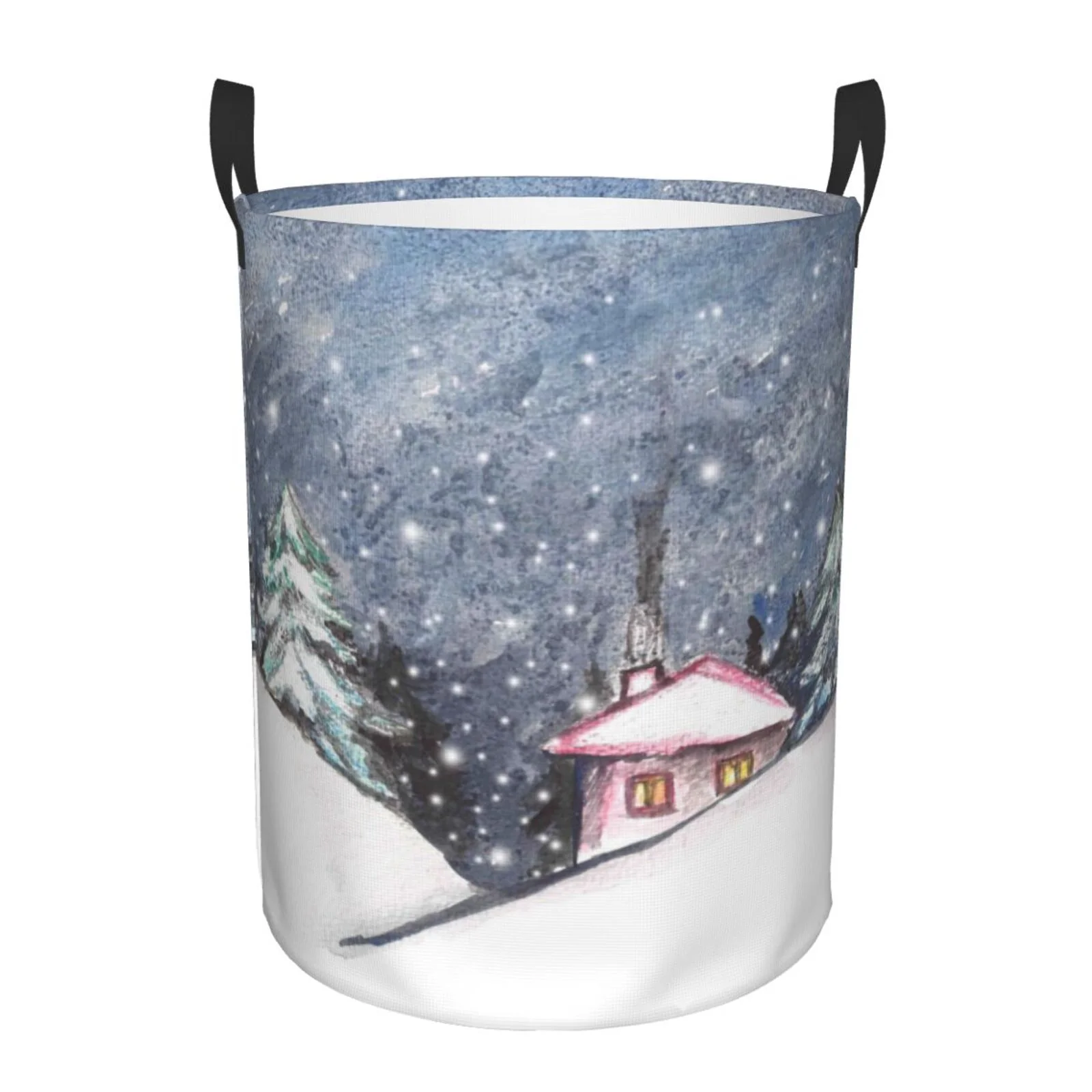 Fotbe Laundry Hamper With Durable Leather Laundry Basket Watercolor Winter Landscape For Christmas Thickened Waterproof Round Collapsible Laundry Hamper, Dirty Clothes Laundry Basket