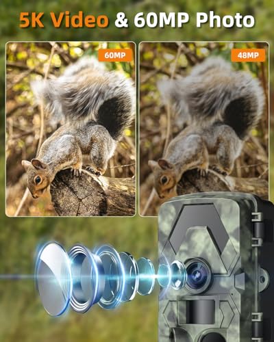 Trail Camera, 5K 60MP Game Camera with 130°Wide Angle, IP66 Waterproof Night Vision with No Glow Infrared LEDs, 0.05s Trigger Motion Activated for Wildlife, Green