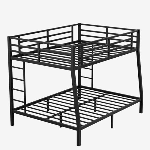 Heavy Duty Bunk Bed Frame with Ladder, Twin XL Over Twin XL Bunk Beds with Safety Guardrails, Adults Bunk Beds with Noise-Reducing Rubber Stoppers, Easy Assemble, Black