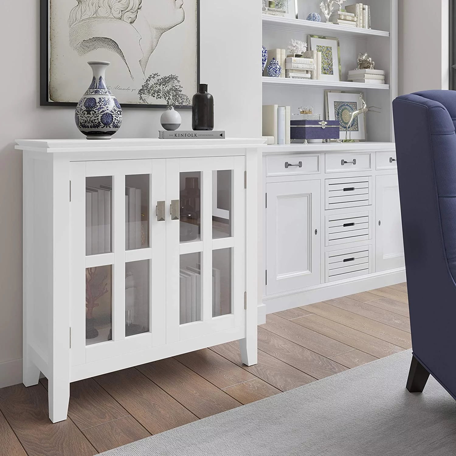 FJU Artisan SOLID WOOD 30 inch Wide Low Storage Cabinet in White, with 2 Tempered Glass Doors, 2 Adjustable Shelves
