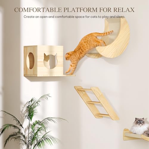 Cat Wall Shelves and Perches, Solid Wood Wall Mounted Cat Furniture, Set of 13 Cat Climbing Shelves with Moon Hammock, House, Wall Ladder, Scratching Post and Cat Tunnel