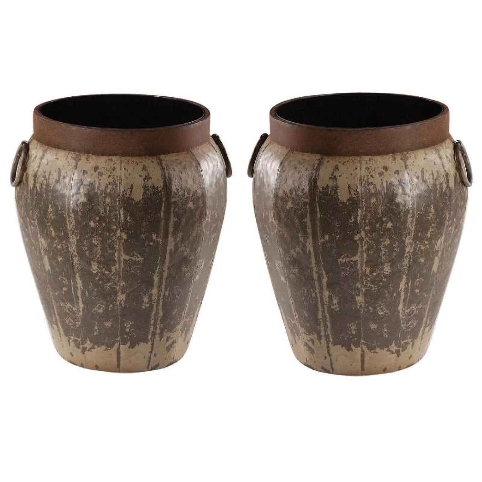 Home Square Glass Top Metal Drum End Table in Brown and Ivory - Set of 2