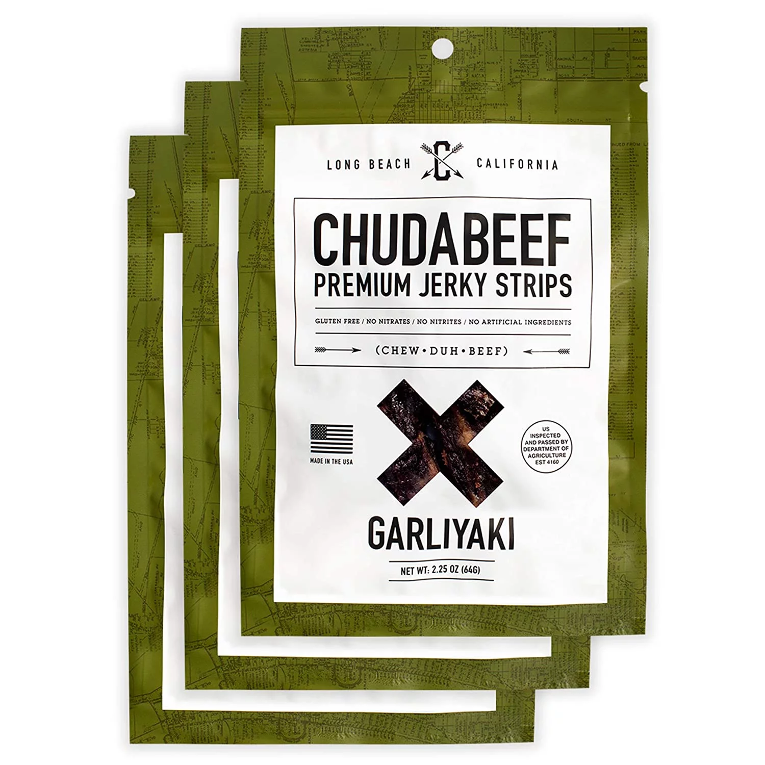 Chudabeef Premium Beef Jerky, Garliyaki, (3) 2.25 oz. Bags - Great Everyday Snack, 10g Protein, 80 Calories, Premium Beef Rib Meat, No MSG, Gluten Free, No Nitrites or Nitrates, No Artificial Anything Garliyaki 1 Count (Pack of 3)