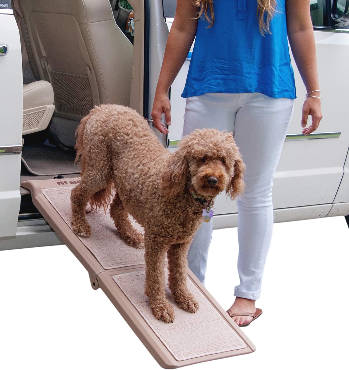 Pet Gear Travel Lite Bi-Fold Ramp for Cats/Dogs, Lightweight/Portable, Safety Tether Included, Rubber Grippers for Stability, PG9050TN, Bi-Fold Half Ramp 42 L, Tan, 42x16x4 Inch