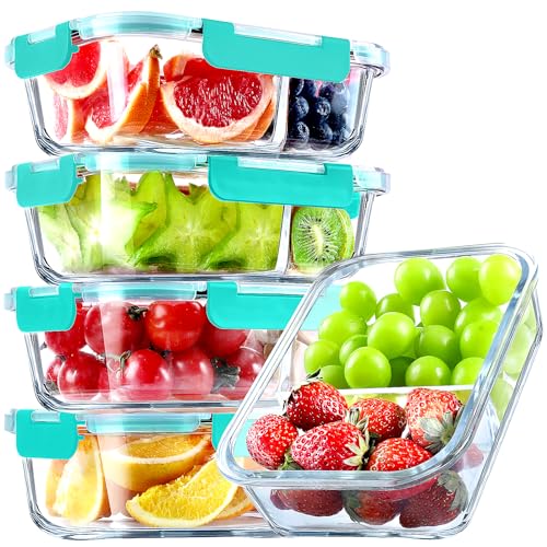 VERONES 5 Pack Glass Meal Prep Containers 2 Compartment Set, 36OZ Airtight Glass Lunch Containers, Glass Food Storage Containers with Lids, for Microwave, Oven, Freezer & Dishwasher Friendly,Grey