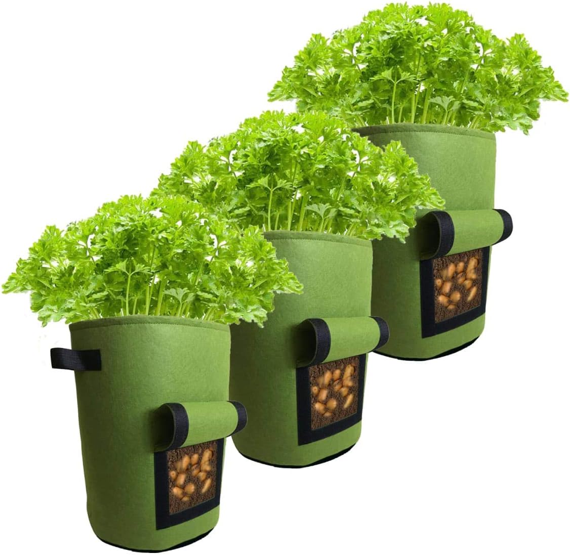 Grow Bags Pack of 3-10 Gallon Heavy Duty Non Woven Fabric Planter Bags. Planting Garden Pots with Sturdy Handles & Large Harvest Window - Growing Potato, Carrot, Onion, Radish, Taro, Peanuts