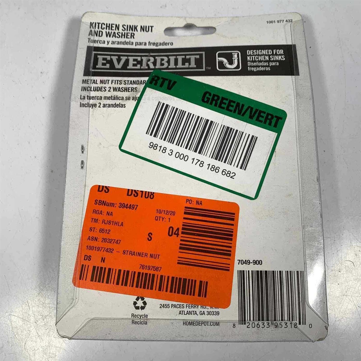 Everbilt Kitchen Sink Strainer Nut and Washer