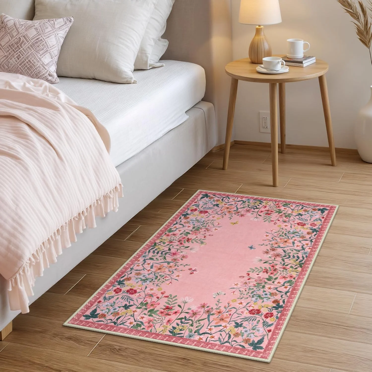 2x3 Pink Bathroom Rugs Non Slip Washable, Floral Small Area Rugs for Entryway, Low Pile Soft Door Mat Indoor Entrance Throw Carpet for Kitchen Bedside Laundry Room (Pink,2'x3')