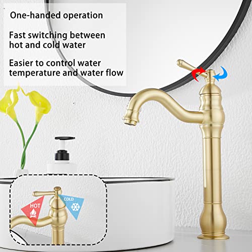 GGStudy 360° Swivel Antique Brass Bathroom Vessel Sink Faucet Single Handle One Hole Matching with Pop Up Drain