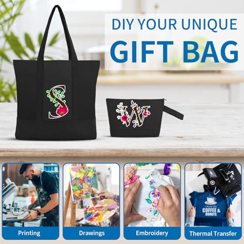 16 Pack Canvas Tote Bags Bulk and Makeup Pouches Set, 12oz Cotton Reusable Zippered Grocery Bags with Handles, DIY Sublimation, Halloween Craft, Beach & Travel with External Pocket (Women & Men)