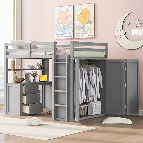 Harper & Bright Designs Full Loft Bed with Desk and Wardrobe,Solid Wood Loft Bed Frame Full with Storage Drawers for Kids Teens Adults,No Box Spring Needed,White