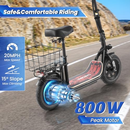 Caroma Peak 800W/1200W Electric Scooter Adults, 30 Miles Max Range, Foldable Electric Scooter with Seat, Front Suspension, Detachable Large Basket,Commuter E-Scooter for Adult and Teens