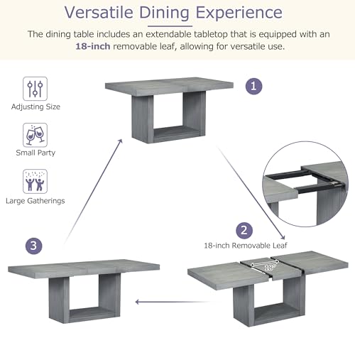 Merax 6-piece Dining Table Set of 4 Upholstered Chairs & 1 Bench Farmhouse Kitchen Furniture Sets with 78inch Extendable Pedestal, Removable Leaf & Natural Rubber Wood Grain Pattern Tabletop, Beige