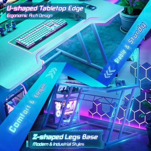 Armocity Gaming Computer Desk with Shelves and Outlets, Gaming Desk with Hutch and LED Lights, Reversible PC Gaming Desks with Pegboard, Carbon Fiber Black 47''