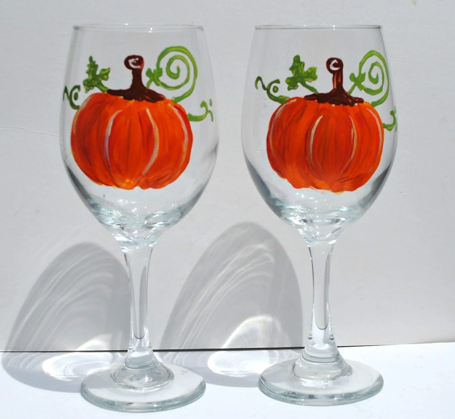 2 Pumpkin Stemmed Hand Painted Wine Glasses Set